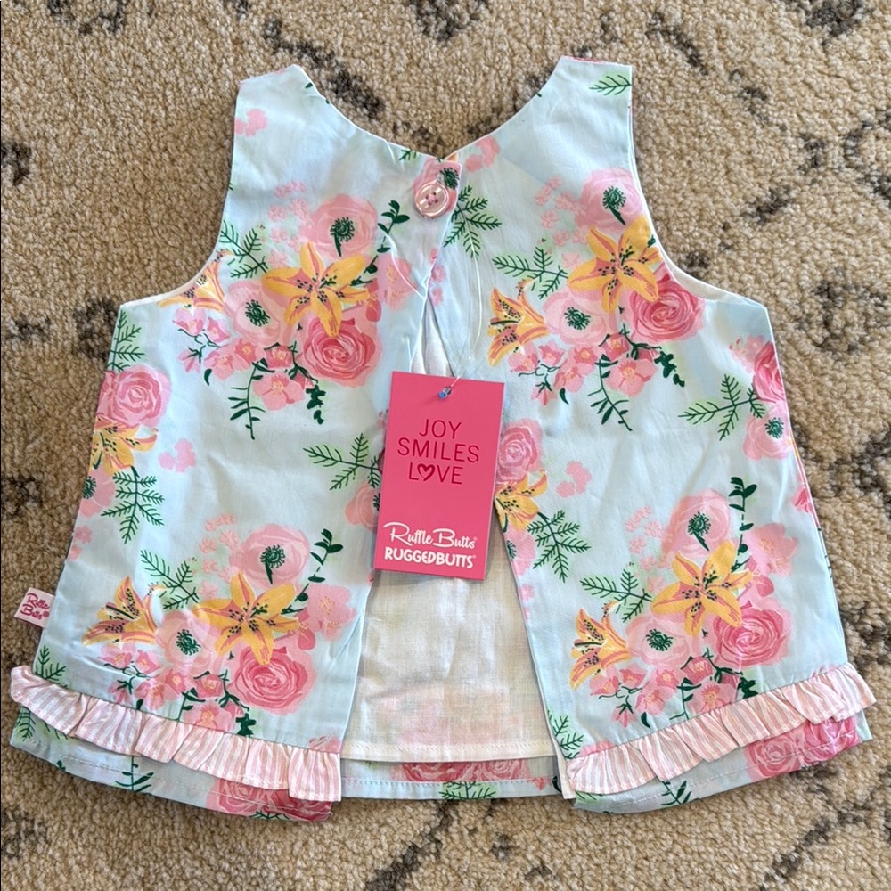 Ruffle Butts Floral Kids Top - Pink and Green